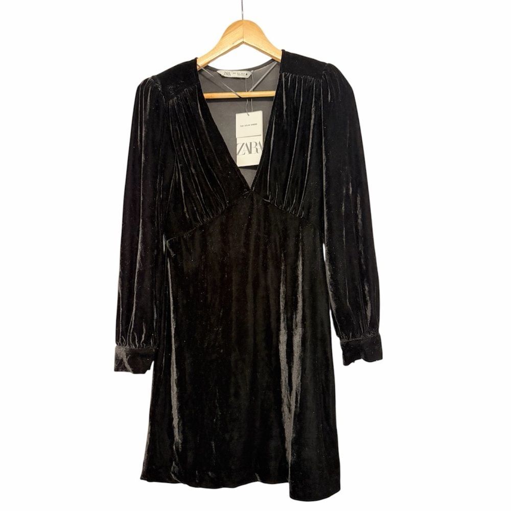 NEW Zara Aiylin Black Velvet Mini Dress Deep V Shoulder Pads Size Small